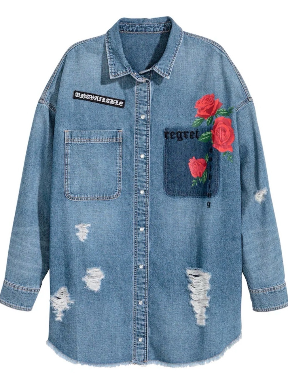 Divided Denim over sized Button-Up Shirt with Red Rose Embroidery